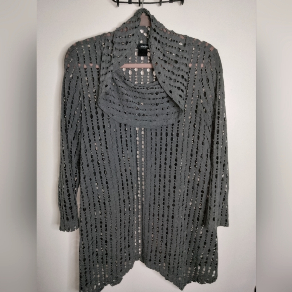 Ali Miles (Size L) Gray Perforated Cutout Open Front LS Hooded Pullover Topper